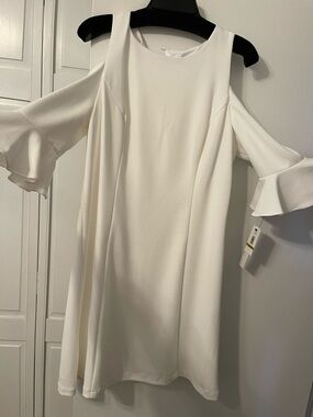 NWT Nicole Miller Size 14 Cold-Shoulder Mini Dress in White with Flounce Sleeves